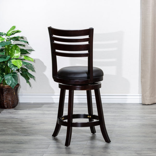 English Elm 24" Counter Height Slat Back Swivel Stool - Elegant Espresso Finish With Luxurious Black Leather Seat B04660680