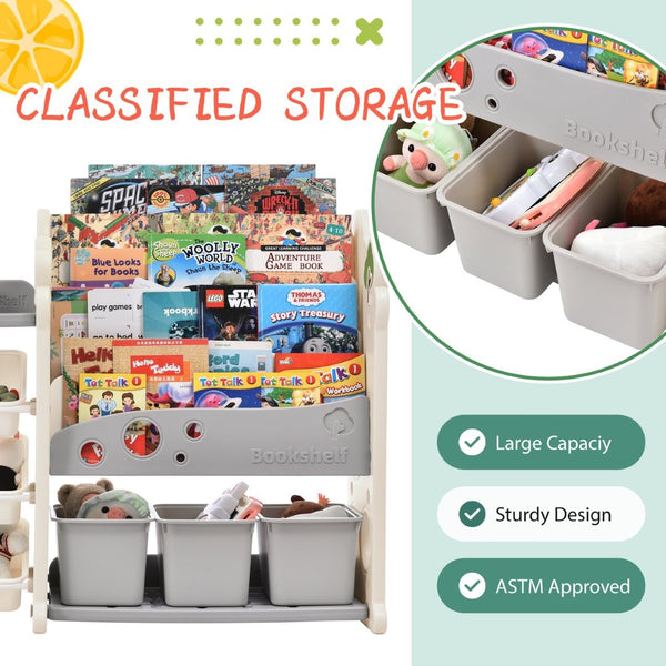 English Elm Kids Tree Shaped Hdpe Toy Organizer with 12 Bins and Open Bookshelves for Nursery PP300105AAE