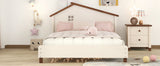 English Elm Full Size Wood Platform Bed With House-Shaped Headboard (Cream+Walnut)