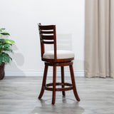 English Elm 24" Counter Height Slat Back Swivel Stool, Cherry Finish, Beige Fabric Seat