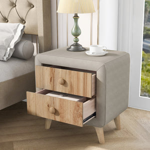 English Elm Upholstered Wooden Nightstand With 2 Drawers,Fully Assembled Except Legs and Handles,Bedside Table With Rubber Wood Leg-Beige