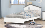 English Elm Twin Size Wood Platform Bed With House-Shaped Headboard (White+Gray)