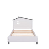 English Elm Twin Size Wood Platform Bed With House-Shaped Headboard (White+Gray)