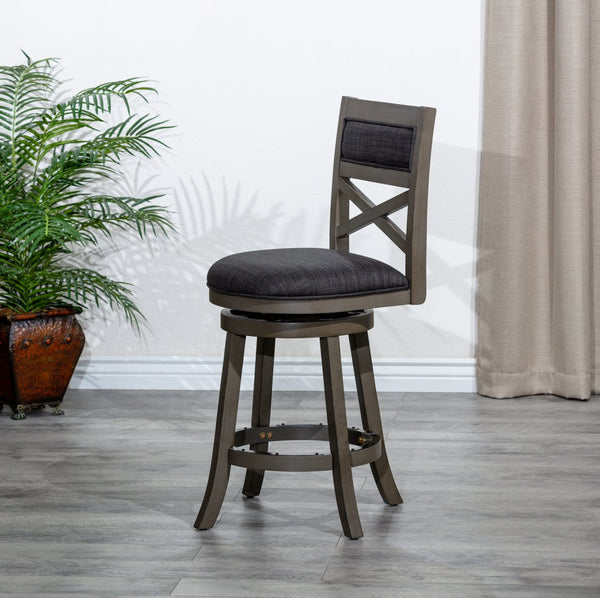English Elm 30" X-Back Swivel Stool Bar Height - Weathered Gray Hardwood Frame, Charcoal Padded Seat & Footrest Protection B04660723