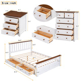 English Elm 3-Pieces Bedroom Sets Queen Size Platform Bed With Nightstand(Usb Charging Ports) and Storage Chest,White+Walnut