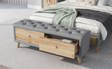 English Elm Upholstered Wooden Storage Ottoman Bench With 2 Drawers For Bedroom,Fully Assembled Except Legs and Handles,Padded Seat With Rubber Wood Leg-Gray