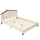 English Elm Full Size Wood Platform Bed With House-Shaped Headboard (Cream+Walnut)