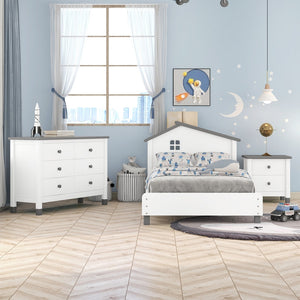 English Elm 3-Pieces Bedroom Sets Twin Size Platform Bed With Nightstand and Storage Dresser,White+Gray