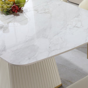 English Elm 71" Contemporary Sintered Stone Dining Set Carrara White Table with Square Pedestal + 6 Beige Leather Chairs — Stain & Heat Resistant, Food-Safe Eco-Friendly Design W509S00079