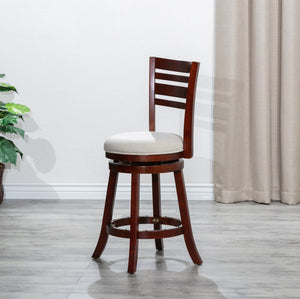 English Elm 24" Counter Height Slat Back Swivel Stool, Cherry Finish, Beige Fabric Seat