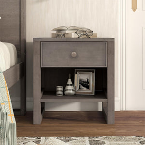 English Elm Wooden Nightstand With A Drawer and An Open Storage,End Table For Bedroom,Anitque Gray