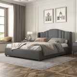 Hearth and Haven Upholstered Platform Bed with Wingback Headboard and 4 Drawers, No Box Spring Needed, Linen Fabric, Queen Size Gray HL000026AAE