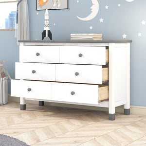 English Elm Wooden Storage Dresser With 6 Drawers,Storage Cabinet For Kids Bedroom,White+Gray