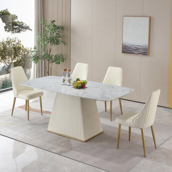 English Elm 71-Inch Sintered Stone Dining Table Carrara White Top with Striped Leather Pedestal, Heat & Stain Resistant Beige+White W509S00021