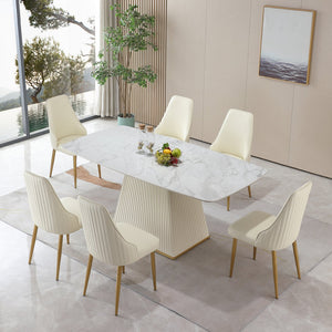 English Elm 71" Contemporary Sintered Stone Dining Set Carrara White Table with Square Pedestal + 6 Beige Leather Chairs — Stain & Heat Resistant, Food-Safe Eco-Friendly Design W509S00079