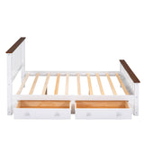 English Elm Full Size Wood Platform Bed With Two Drawers and Wooden Slat Support,White+Walnut