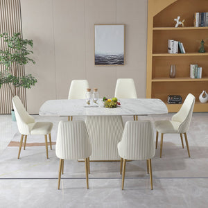 English Elm 71" Contemporary Sintered Stone Dining Set Carrara White Table with Square Pedestal + 6 Beige Leather Chairs — Stain & Heat Resistant, Food-Safe Eco-Friendly Design W509S00079