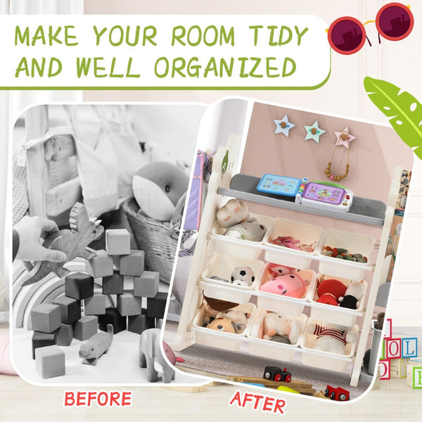 English Elm Kids Tree Shaped Hdpe Toy Organizer with 12 Bins and Open Bookshelves for Nursery PP300105AAE