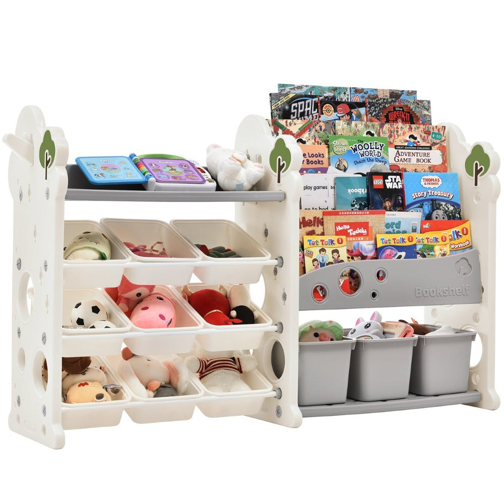 English Elm Kids Tree Shaped Hdpe Toy Organizer with 12 Bins and Open Bookshelves for Nursery PP300105AAE