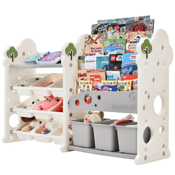 English Elm Kids Tree Shaped Hdpe Toy Organizer with 12 Bins and Open Bookshelves for Nursery PP300105AAE
