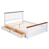 English Elm Queen Size Wood Platform Bed With Two Drawers and Wooden Slat Support,White+Walnut