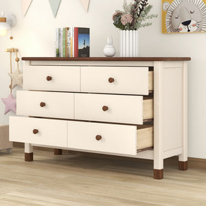 English Elm Wooden Storage Dresser With 6 Drawers,Storage Cabinet For Kids Bedroom,Cream+Walnut