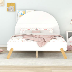 English Elm Wooden Cute Platform Bed With Curved Headboard ,Full Size Bed With Shelf Behind Headboard,White