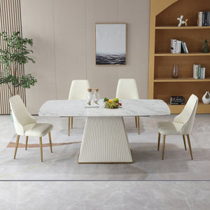 English Elm 71" Contemporary Sintered Stone Dining Set Carrara White Table with Square Pedestal + 6 Beige Leather Chairs — Stain & Heat Resistant, Food-Safe Eco-Friendly Design W509S00079