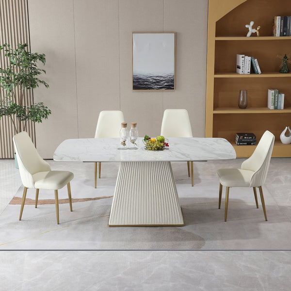 English Elm 71" Contemporary Sintered Stone Dining Set Carrara White Table with Square Pedestal + 6 Beige Leather Chairs — Stain & Heat Resistant, Food-Safe Eco-Friendly Design W509S00079