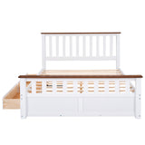 English Elm Queen Size Wood Platform Bed With Two Drawers and Wooden Slat Support,White+Walnut