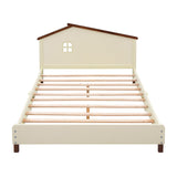 English Elm Full Size Wood Platform Bed With House-Shaped Headboard (Cream+Walnut)