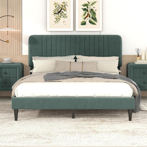 English Elm Queen Size Upholstered Platform Bed,No Box Spring Needed, Velvet Fabric,Green