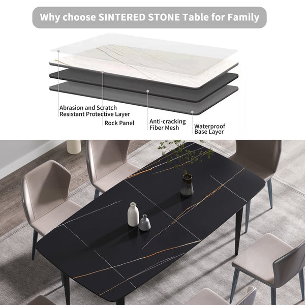 English Elm 70.87"Modern 70.87" Modern Curved Black Metal Leg Dining Table With Artificial Stone Top For 6-8 Guests Comfortably W1535S00093