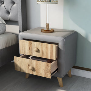 English Elm Upholstered Wooden Nightstand With 2 Drawers,Fully Assembled Except Legs and Handles,Bedside Table With Rubber Wood Leg-Gray