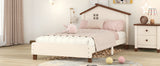 English Elm Twin Size Wood Platform Bed With House-Shaped Headboard (Cream+Walnut)