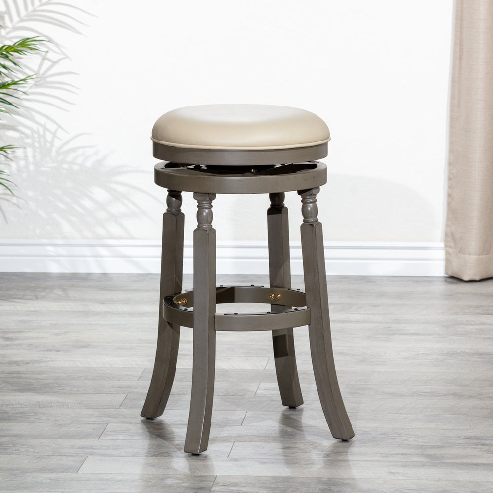 English Elm 30" Bar Stool - Stylish Weathered Gray, Comfortable French Gray Leather Seat, Perfect For Any Space B04660739
