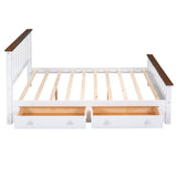 English Elm Queen Size Wood Platform Bed With Two Drawers and Wooden Slat Support,White+Walnut