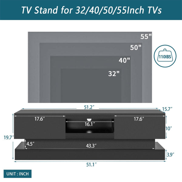 English Elm 51.18inch White High Gloss Tv Stand with Rgb Led Lighting and Dual Storage Drawers W67963291