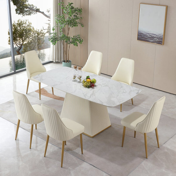 English Elm 71-Inch Sintered Stone Dining Table Carrara White Top with Striped Leather Pedestal, Heat & Stain Resistant Beige+White W509S00021