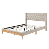 English Elm Upholstered Platform Bed With Rubber Wood Legs,No Box Spring Needed, Linen Fabric,Queen Size-Beige