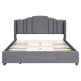 English Elm Upholstered Platform Bed With Wingback Headboard and 4 Drawers, No Box Spring Needed, Linen Fabric, Queen Size Gray