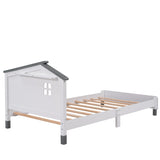 English Elm Twin Size Wood Platform Bed With House-Shaped Headboard (White+Gray)