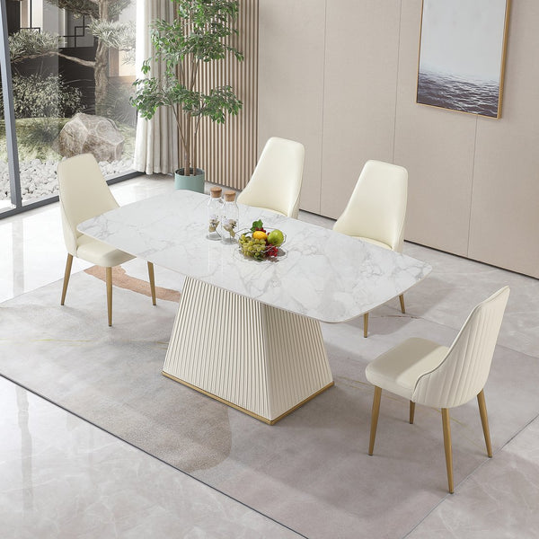 English Elm 71-Inch Sintered Stone Dining Table Carrara White Top with Striped Leather Pedestal, Heat & Stain Resistant Beige+White W509S00021