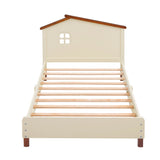 English Elm Twin Size Wood Platform Bed With House-Shaped Headboard (Cream+Walnut)