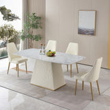 English Elm 71" Contemporary Dining Table Sintered Stone Square Pedestal Base With 6 Piece s Chairs .