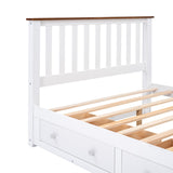 English Elm Full Size Wood Platform Bed With Two Drawers and Wooden Slat Support,White+Walnut