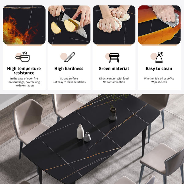 English Elm 70.87"Modern 70.87" Modern Curved Black Metal Leg Dining Table With Artificial Stone Top For 6-8 Guests Comfortably W1535S00093