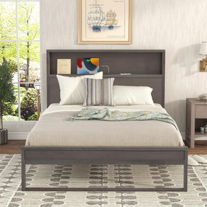 English Elm Platform Bed With Storage Headboard,Sockets and Usb Ports,Full Size Platform Bed,Antique Gray