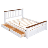 English Elm Queen Size Wood Platform Bed With Two Drawers and Wooden Slat Support,White+Walnut