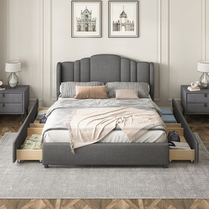 English Elm Upholstered Platform Bed With Wingback Headboard and 4 Drawers, No Box Spring Needed, Linen Fabric, Queen Size Gray